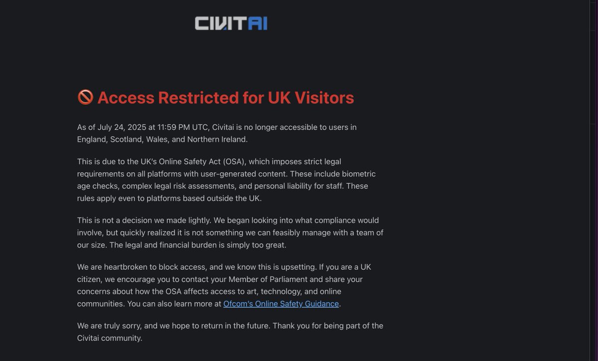 OK, this is really not funny anymore.   Can't even do proper AI work anymore without UK Online Safety Act blocking us.  What is going on here!!!   /cc <a href="/Keir_Starmer/">Keir Starmer</a>