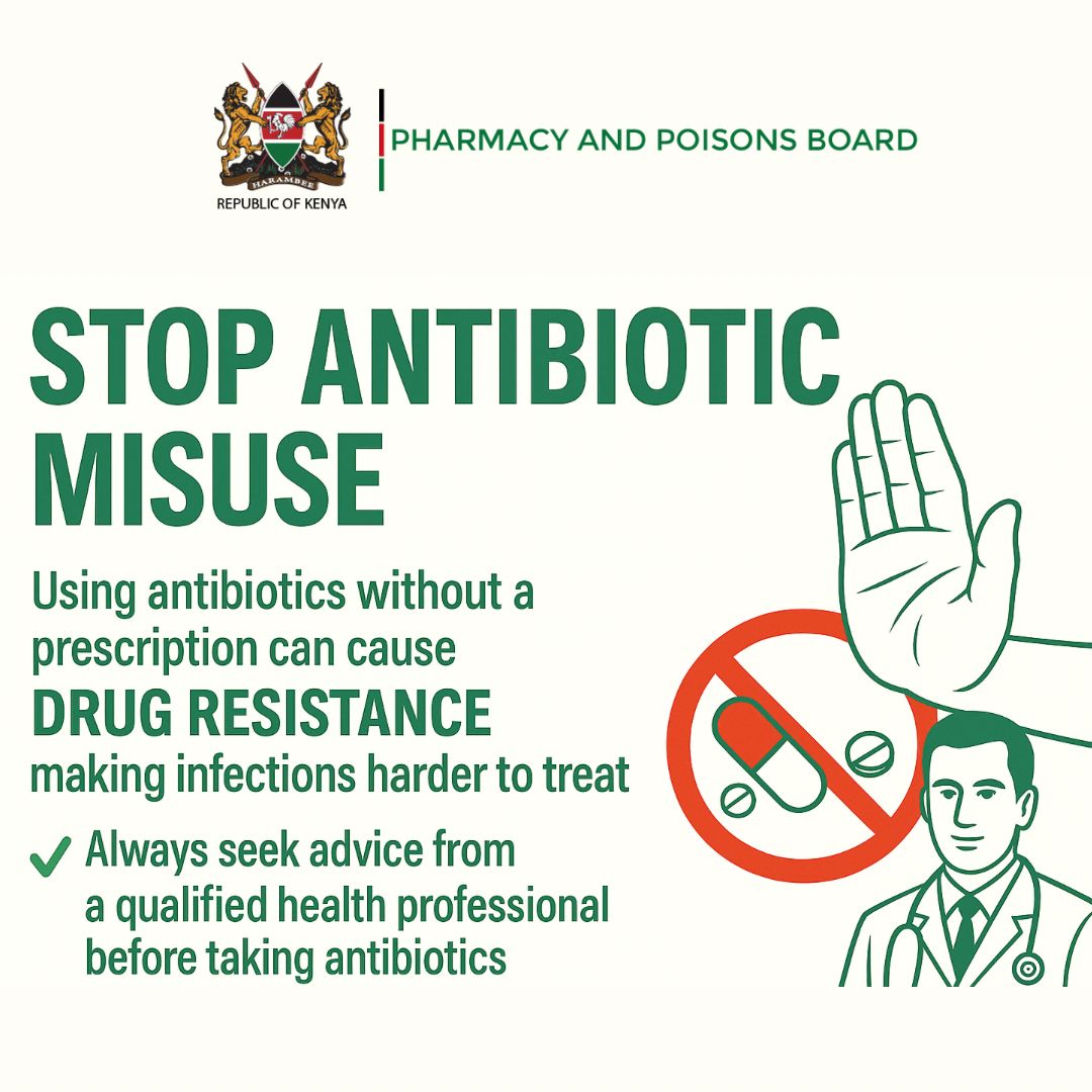 STOP ANTIBIOTIC MISUSE! 

Using antibiotics without a prescription can lead to antimicrobial resistance, making infections harder to treat.

✅ Always seek advice from a qualified health professional before using any antimicrobials.
#MedicinesSafety
<a href="/MOH_Kenya/">Ministry of Health</a>
<a href="/PSofKenya/">The Pharmaceutical Society of Kenya (PSK)</a>