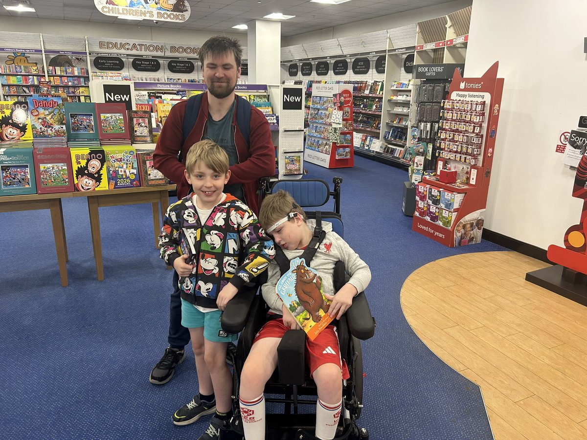 #AlfieUpdate:  up early to go for a treat before going back to the Northwest. They chose to go the bookshop for a new one each.  Rory chose a Dogman book &amp; Alfie went for his Gruffalo book; no one getting it off him now. (They have loads of books but Alfie likes listening to his)