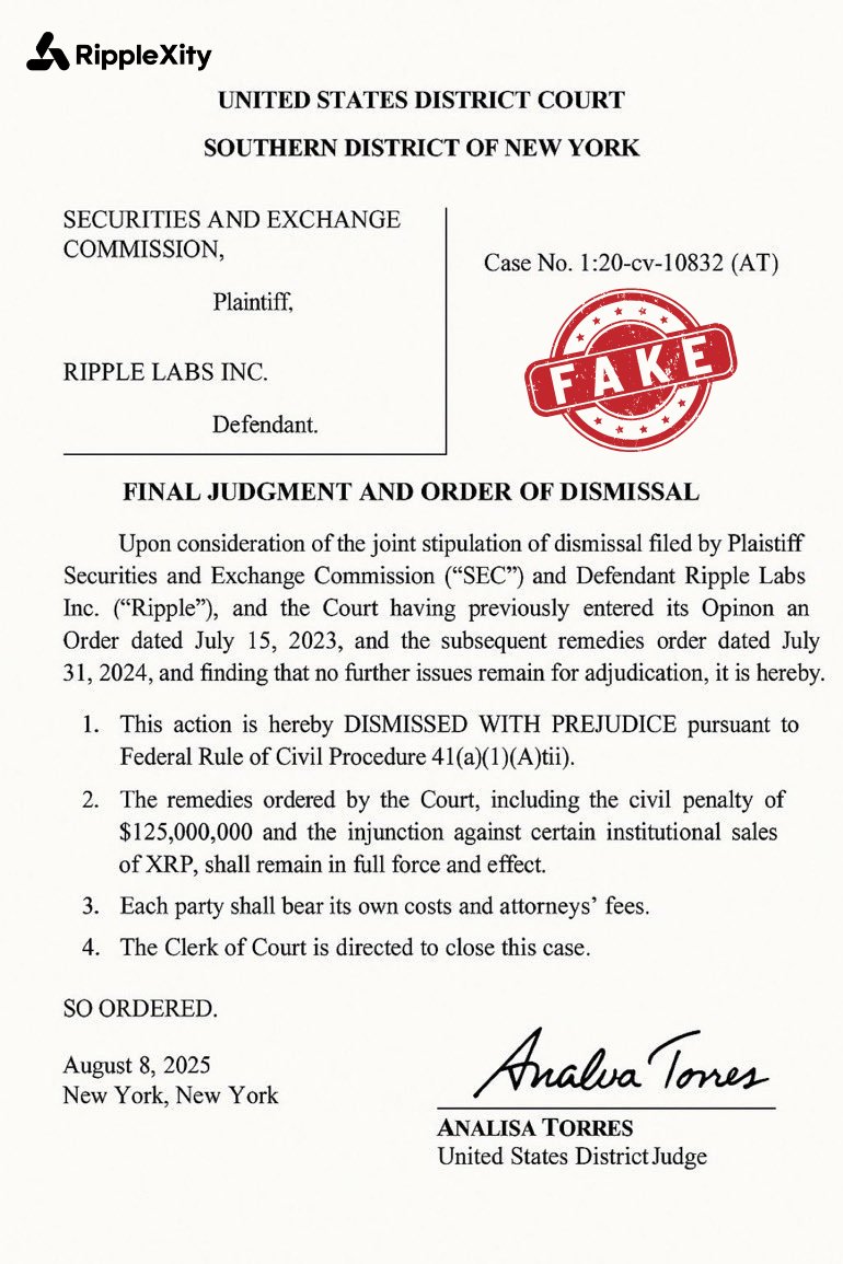 🚨 The circulating “court order” claiming #Ripple v. SEC is over is FAKE. ❌