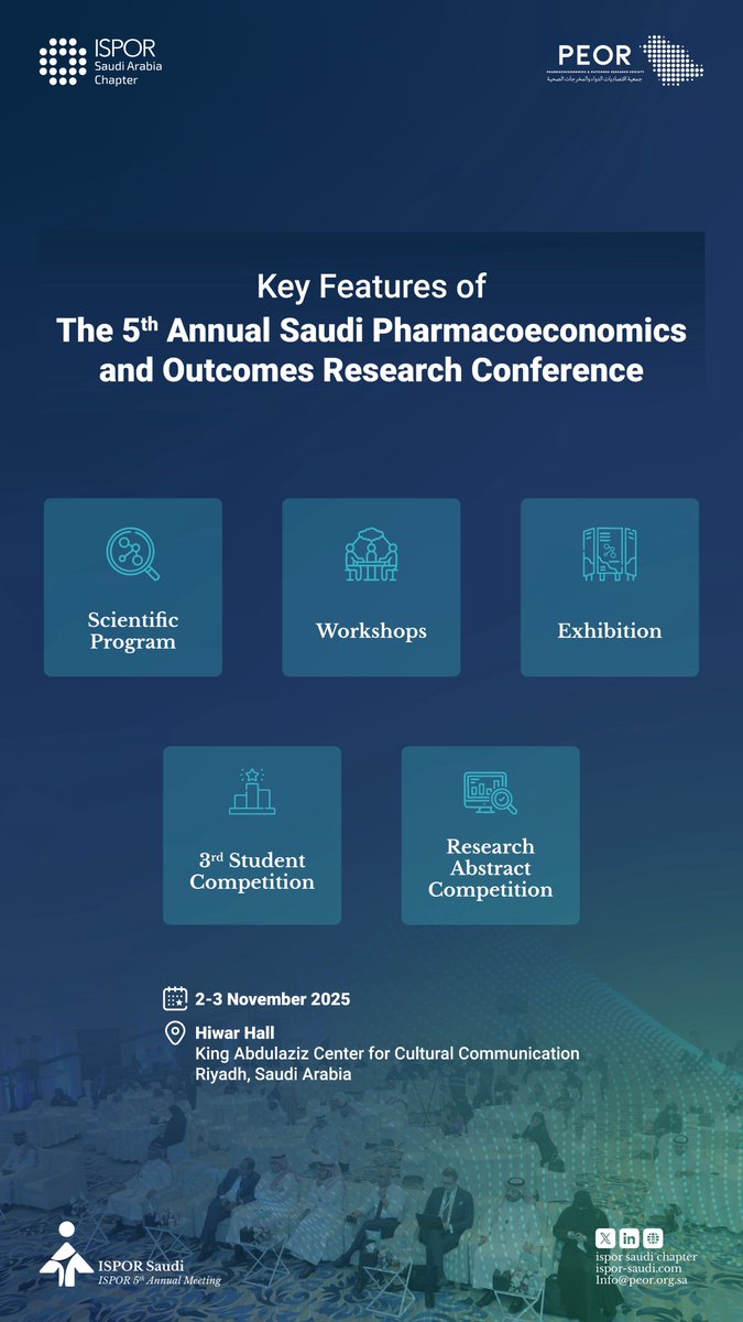 We’re thrilled to announce the 5th Annual Saudi Pharmacoeconomics and Outcomes Research Conference!
ISPOR Saudi 2025 is here!

📅 November 2–3, 2025
📍 Hiwar Hall, King Abdulaziz Center for Cultural Communication – Riyadh

Join us for a dynamic and engaging experience featuring: