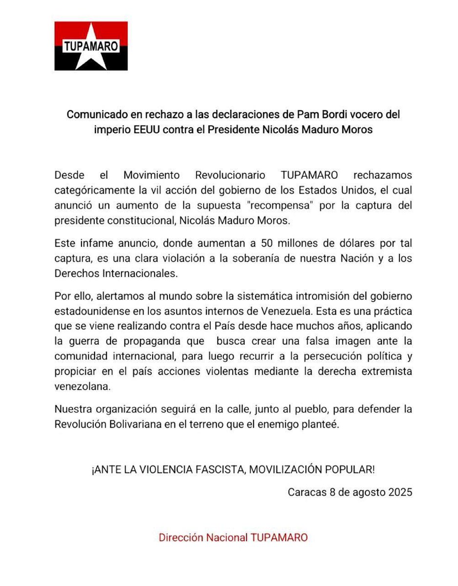 📃 Desde el Movimiento Revolucionario Tupamaro rechazamos la vil acción del gobierno de los EEUU, el cual anunció un aumento de la supuesta recompensa por la captura del presidente constitucional, Nicolás Maduro Moro.

#TupamaroEjemploDeLucha