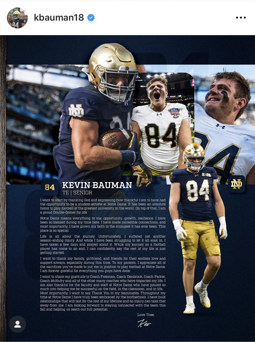 Notre Dame TE Kevin Bauman announces his retirement from football following an ACL injury.

Very classy post from an awesome person.