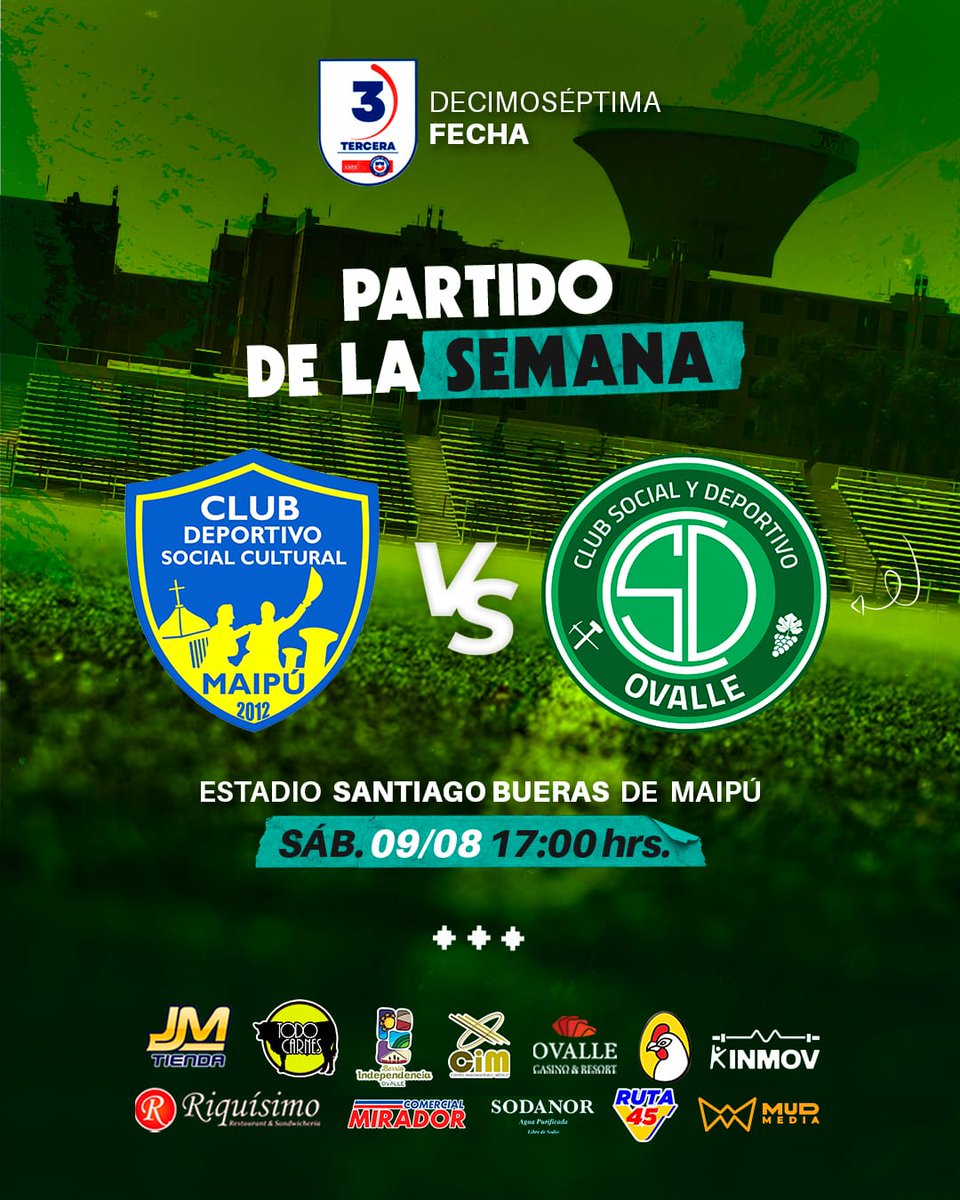 𝐏𝐀𝐑𝐓𝐈𝐃𝐎 𝐃𝐄 𝐋𝐀 𝐒𝐄𝐌𝐀𝐍𝐀❗️

🆚️ Cultural Maipú 
⏰️ Sáb 9 de agosto - 17:00 hrs
🏟 Estadio Santiago Bueras de Maipú 

¡Dale Social! 💚

#Ovalle #CSDOvalle #ElEquipoDeLaGente 🇳🇬