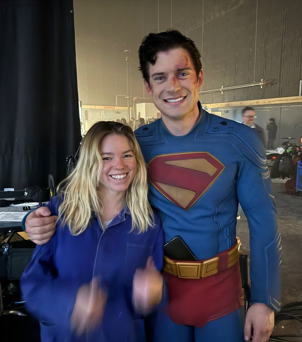DCMotherbox's tweet image. David Corenswet and Milly Alcock behind the scenes of SUPERMAN