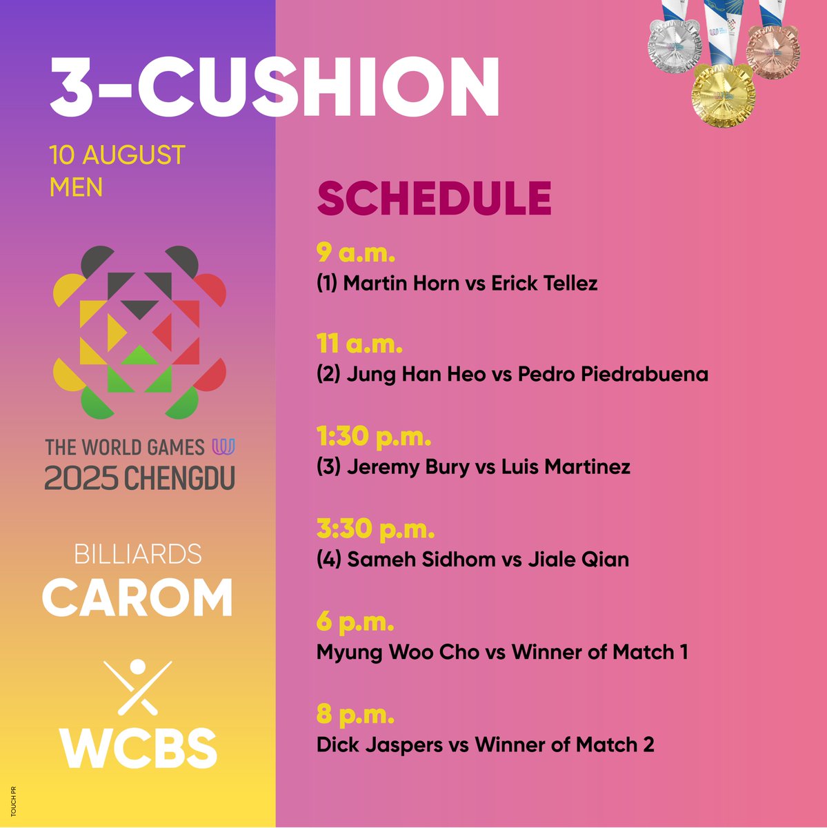 Here is the schedule for day 1 - 10th Aug 2025.

The following matches will be broadcast LIVE on the World Games Platform - live.theworldgames.org/sports/billiar…

Heyball Mixed – 9:00 and 11:00
Carom Men – 13:30 and 15:30
Snooker Men – 18:00 and 20:00

Other matches - youtube.com/@wcbsbilliards…