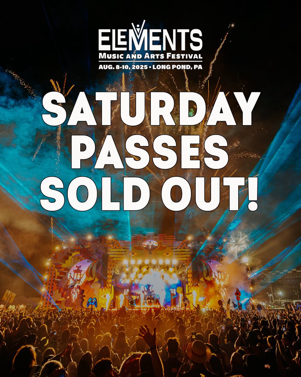 Thank you to the beautiful Elements community. We did this together with each and every one of you ❤️‍🔥 Elements Saturday passes are officially SOLD OUT! 

Very limited Sunday passes still available if you want to come experience the magic of Elements. Do not drive to Elements