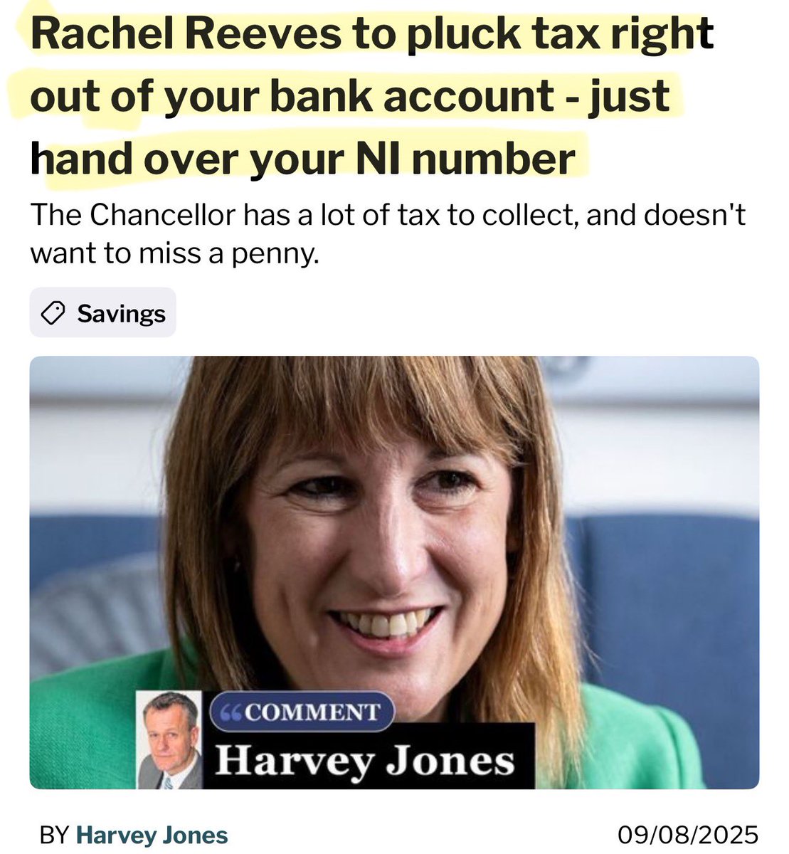 Important. 

From April 2027, every person who saves any money will have to hand their National Insurance (NI) number to their bank under new rules signed off by Rachel Reeves.

So the all powerful HMRC can help themselves to money they decide you owe.

Imagine what the