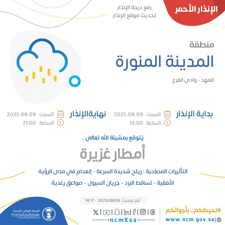 الإنذار الأحمر - #منطقة_المدينة_المنورة - #المهد #وادي_الفرع  

للتفاصيل  ncm.gov.sa/ar/alert/pages… 

#الإنذار_المبكر #طقس_السعودية
#المركز_الوطني_للأرصاد