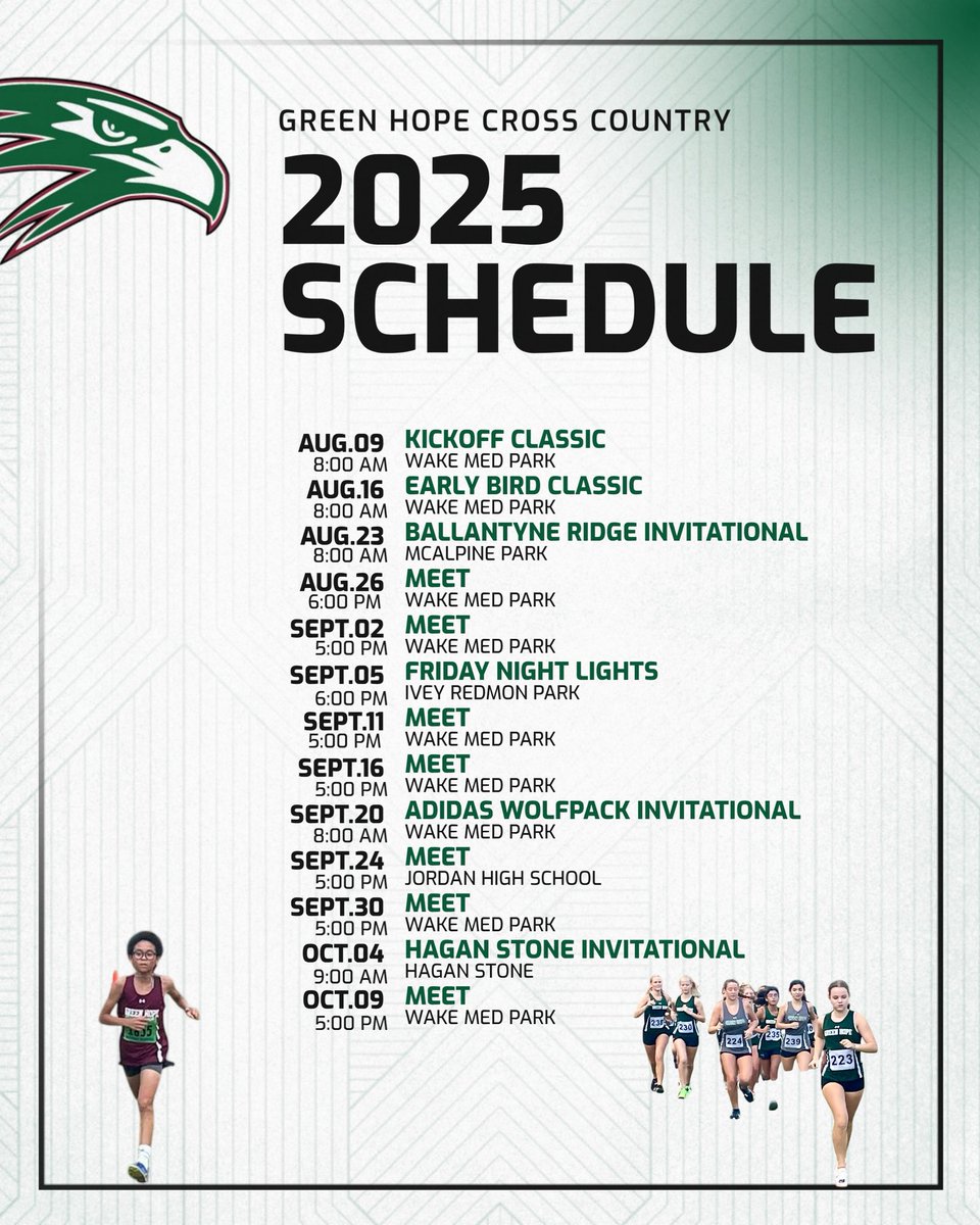 GHHSSports's tweet image. Good luck to @GreenHopeXC as they kick off their 2025 season this morning! 🦅