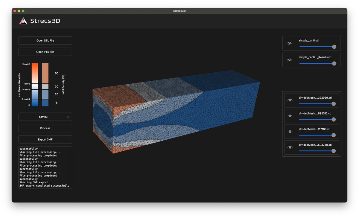 tamutamu3D's tweet image. 私の開発している、応力解析を用いて3Dプリンタのインフィルに粗密を生み出すソフトウェア「Strecs3D」の使い方を示したQiita記事を公開しました。

Strecs3D, FreeCAD, BambuStudioを活用して、力がかかる部分に密なインフィルを生成する方法を書いています。

qiita.com/tomohiron907/i…

#Strecs3D