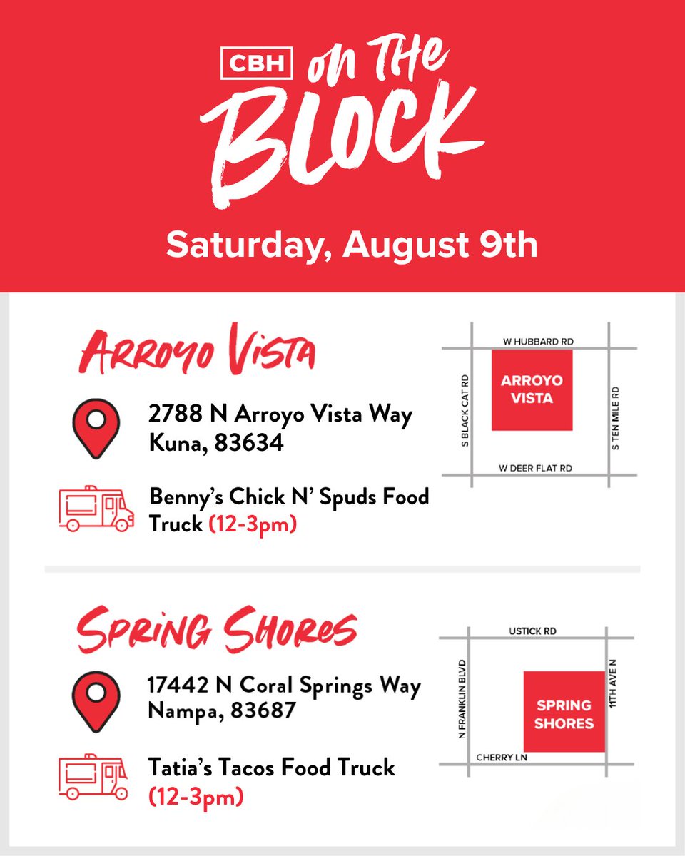 TODAY 12-4pm! Two block parties + dream homes + Free* food trucks (12-3pm) = the PERFECT Saturday! 📅🔥

*Restrictions apply. See cbhhomes.com for complete details.