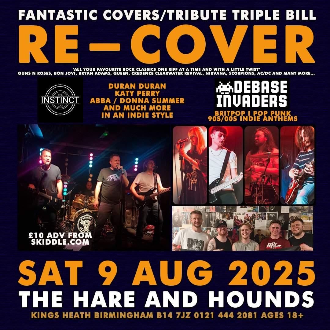 The Catapult Club (@thecatapultclub) on Twitter photo TONIGHT - a covers triple bill at
<a href="/hareandhounds/">Hare & Hounds Birmingham</a>
ReCover- ‘All your favourite rock classics
The Instinct - Duran Duran / Katy Perry / Abba / Donna Summer in an indie style
Debase Invaders - Britpop / PopPunk / 90s and 00s anthems 18+
7-11 tix from
skiddle.com/e/41178568 TONIGHT - a covers triple bill at
<a href="/hareandhounds/">Hare & Hounds Birmingham</a>
ReCover- ‘All your favourite rock classics
The Instinct - Duran Duran / Katy Perry / Abba / Donna Summer in an indie style
Debase Invaders - Britpop / PopPunk / 90s and 00s anthems 18+
7-11 tix from
skiddle.com/e/41178568