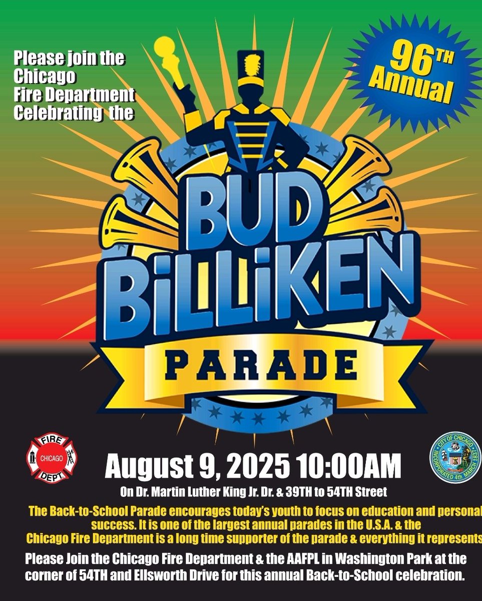 HoltNance's tweet photo. The Chicago Fire Department is proud to march in the 96th annual Bud Billiken Parade today. Join us as we celebrate education, culture, and community on the south side.
#Budbilliken
#CFDinthecommunity
#CFDstrong https://t.co/oMNoPBEEGd
