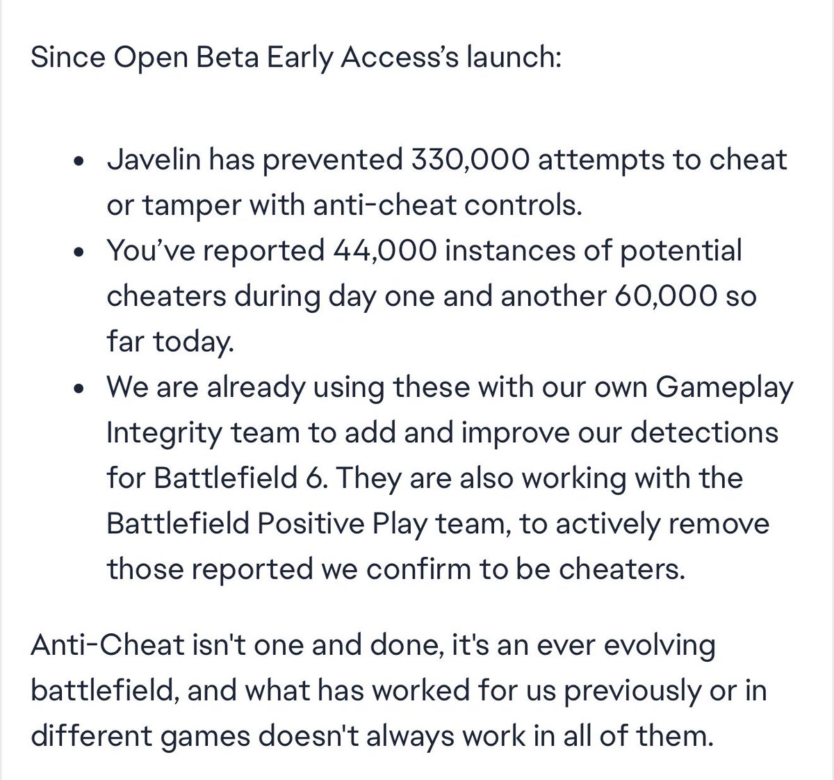 EA says Battlefield 6 anti-cheat has prevented over 330,000 attempts at cheating since the Beta started.