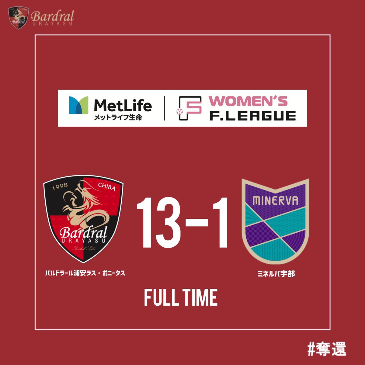 🔴試合結果⚫️

メットライフ生命女子Ｆリーグ 2025-26 第7節
vs. ミネルバ宇部
13-1 勝利

得点者：筏井×3、江川、松本×2、宮原×2、江口、池内、鈴木、伊藤、OG

#bardral
#LasBonitas
#奪還