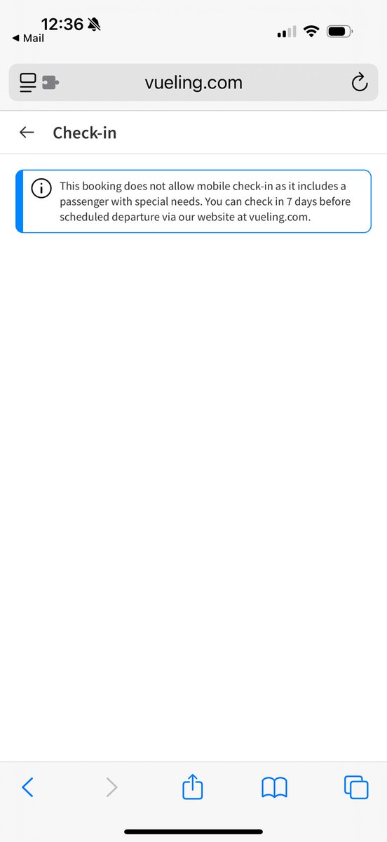 Alicatt_'s tweet photo. @vueling Hello. I’m flying LGW-BCN with you next weekend and am trying to check in but get an error saying I can only check in 7 days before departure as one of our party has special assistance arranged. I’m trying this via app and website and get the same message. https://t.co/N2nMWBZHr2