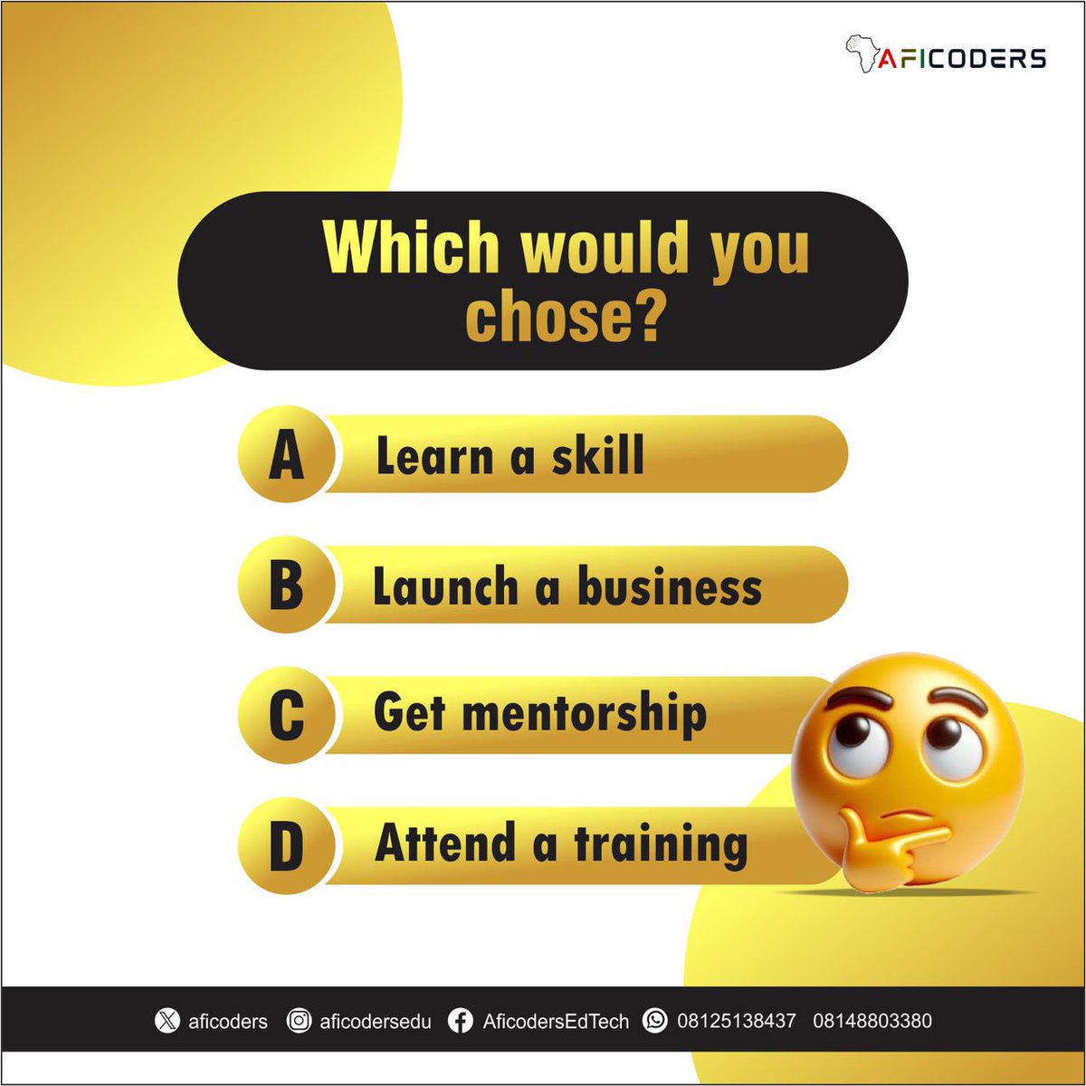 Your next move could change everything.
Whether you’re building, growing, or just starting out the right step matters.

Tell us where you’d start 👇
We’re here to guide the journey.

#Aficoders #NextGenTech #YouthEmpowerment #BuildTheFuture #TechDriven #DigitalSkillsAfrica