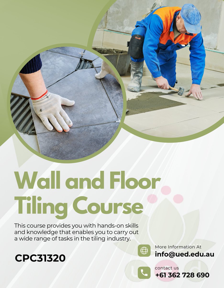UnitySchoolD's tweet image. Turn your skills into a career with our CPC31320 Wall and Floor Tiling Course  gain hands-on training, industry knowledge, and the confidence to take on any tiling project like a pro.

📩 More info: [info@ued.edu.au]
📞 Call: +61 362 728 690