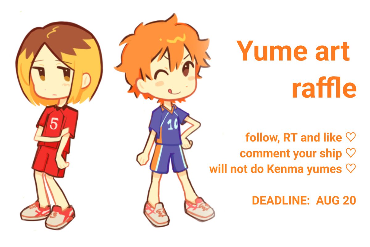 tpaanu's tweet photo. Yume art raffle  ♬

!!   2 winners   _(:3 」∠)_   
prize: 2 chibi full bodies per winner

how to join?
🍎  follow me 
🍎  like and retweet
🍎  comment your ship below 

I will not do Kenma yumes  
DEADLINE: Aug 20
#yumetwt #artraffle #yumeship https://t.co/xcbNLU2WwL