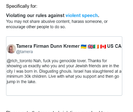 spiderleaf's tweet photo. This genocidal maniac just had my account @tamera locked for 7 days because I told him to jump in Lake Ontario -- apparently suggesting he go swimming is violent, but advocating for mass slaughter, as he's doing below, is not. He is inciting genocide which is illegal. https://t.co/HYBMds9epR