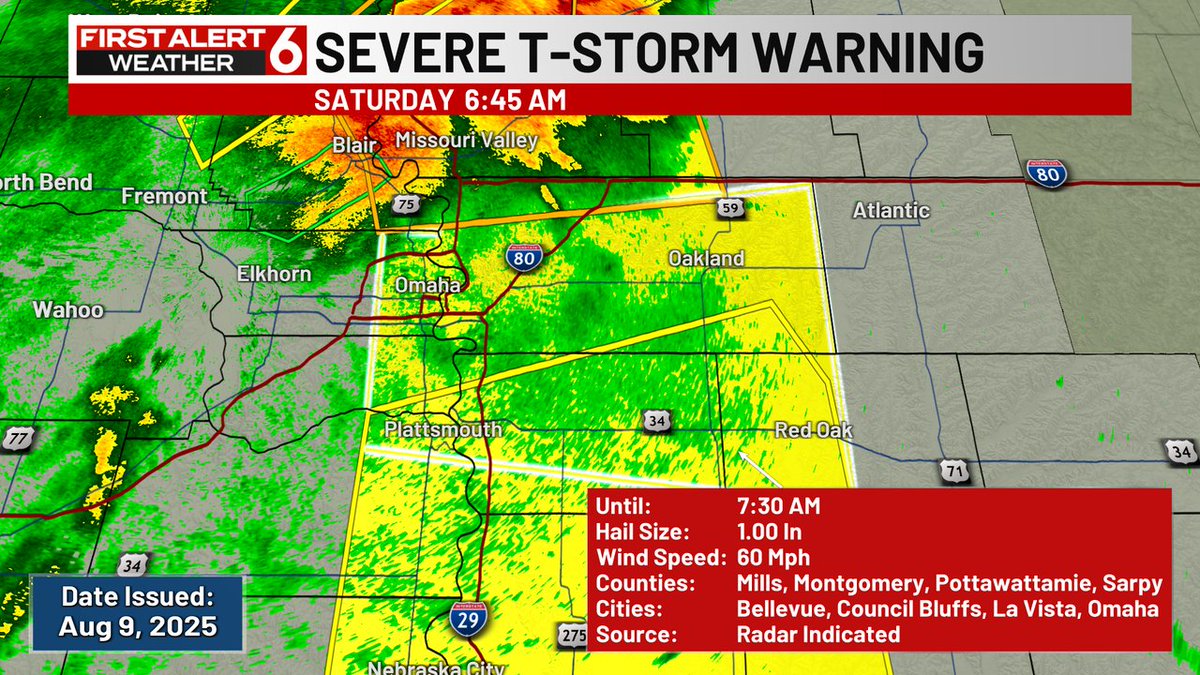 FIRST ALERT: A Severe Thunderstorm Warning is currently in effect for Douglas, Pottawattamie, Sarpy, Mills, Cass, Montgomery counties until Aug 09 7:30AM. Check the First Alert 6 Weather App and First Alert 6 on air for more information.