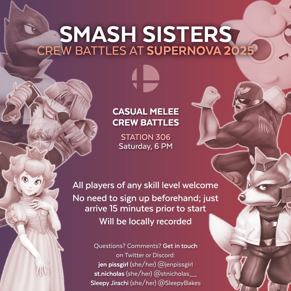 Smash Sisters (@smash_sisters) on Twitter photo Don’t forget: #SmashSisters at <a href="/SuperSmashCon/">Supernova 2025</a> happens TONIGHT at 6 pm. See you there! 🩷💜 Don’t forget: #SmashSisters at <a href="/SuperSmashCon/">Supernova 2025</a> happens TONIGHT at 6 pm. See you there! 🩷💜
