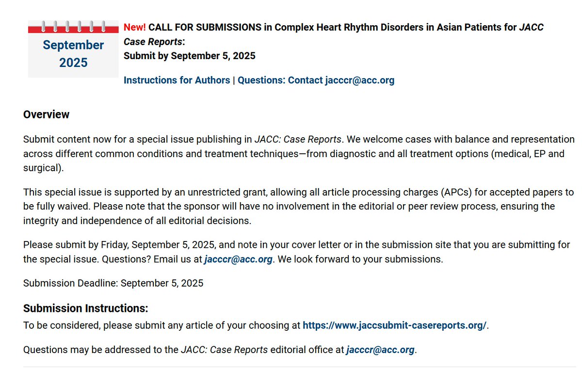 Dr. Gilbert Tang (@gilberttangmd) on Twitter photo Call for submissions on Complex Heart Rhythm Disorders in Asian Patients #JACCCaseReports <a href="/JACCJournals/">JACC Journals</a> in a special sponsored issue, with all accepted papers open access fee fully waived. Submit your most interesting EP cases by September 5, and mention it is for this special Call for submissions on Complex Heart Rhythm Disorders in Asian Patients #JACCCaseReports <a href="/JACCJournals/">JACC Journals</a> in a special sponsored issue, with all accepted papers open access fee fully waived. Submit your most interesting EP cases by September 5, and mention it is for this special