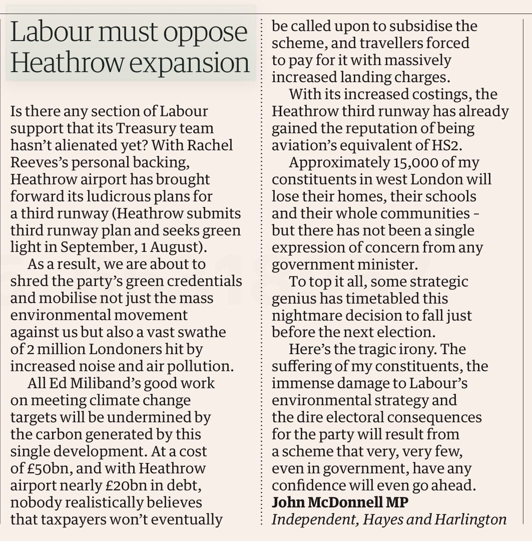 Strong letter by <a href="/johnmcdonnellMP/">John McDonnell</a> in the Guardian today, arguing that the Chancellor’s support for Heathrow expansion will damage Labour’s green credentials and alienate green voters ahead of the next election. Heathrow is the aviation equivalent of HS2. 

theguardian.com/environment/20…