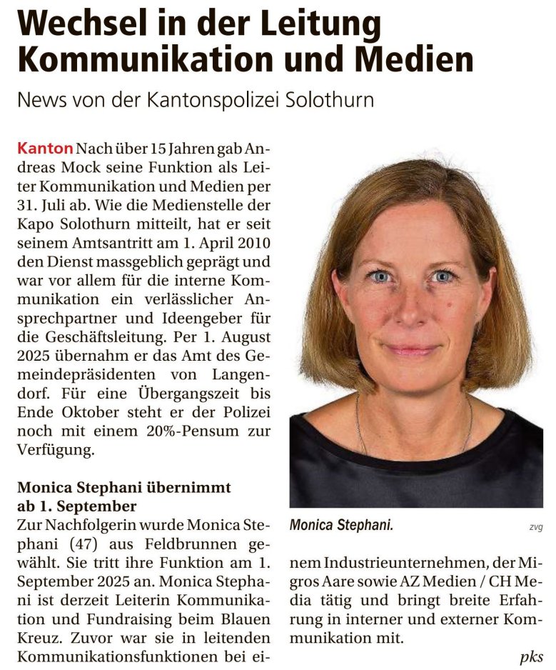 Vielen herzlichen Dank liebe Monica für dein wertvolles Engagement beim Blauen Kreuz BE-SO-FR und alles Gute für deine neue Arbeit bei der <a href="/KapoSolothurn/">Polizei Kanton Solothurn</a>!