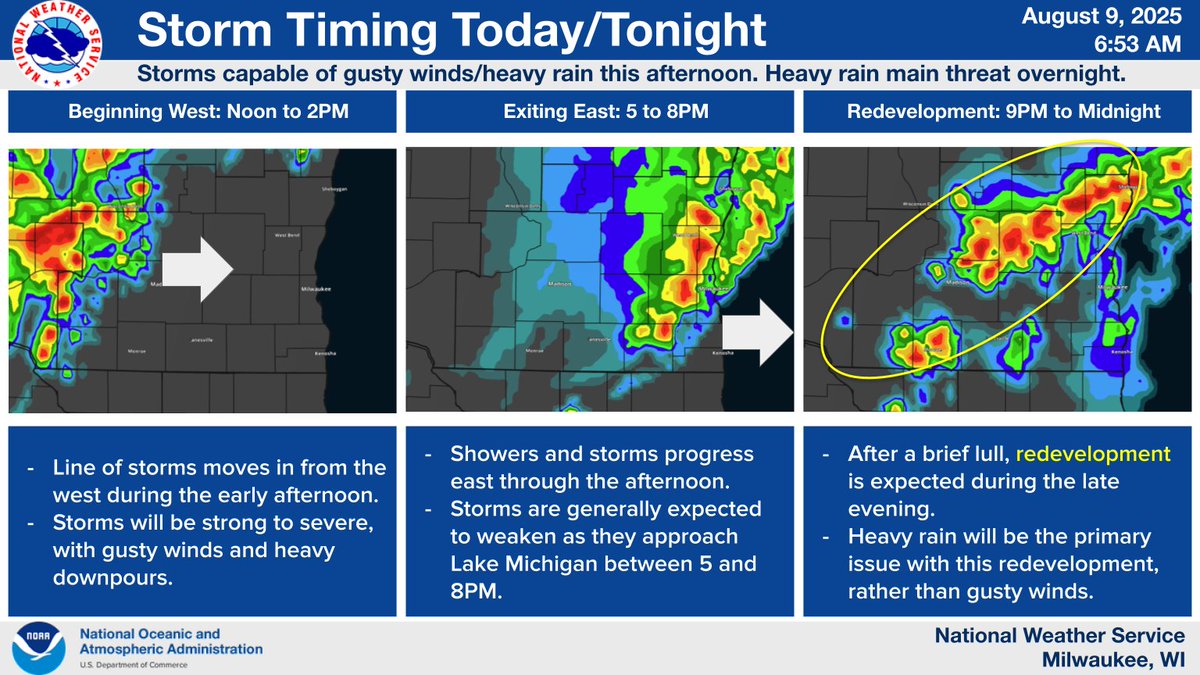 A line of storms will move from west to east this afternoon into the early evening. These storms will be capable of heavy rain and gusty winds. Further redevelopment is expected tonight, with the main threat transitioning to mainly heavy rain.