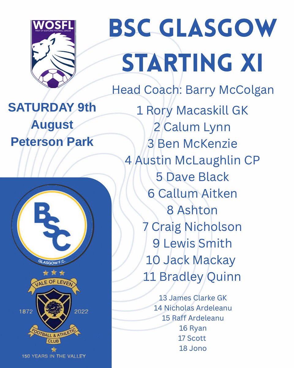 Team sheet for todays match against Vale of Leven at Peterson Park at 2PM