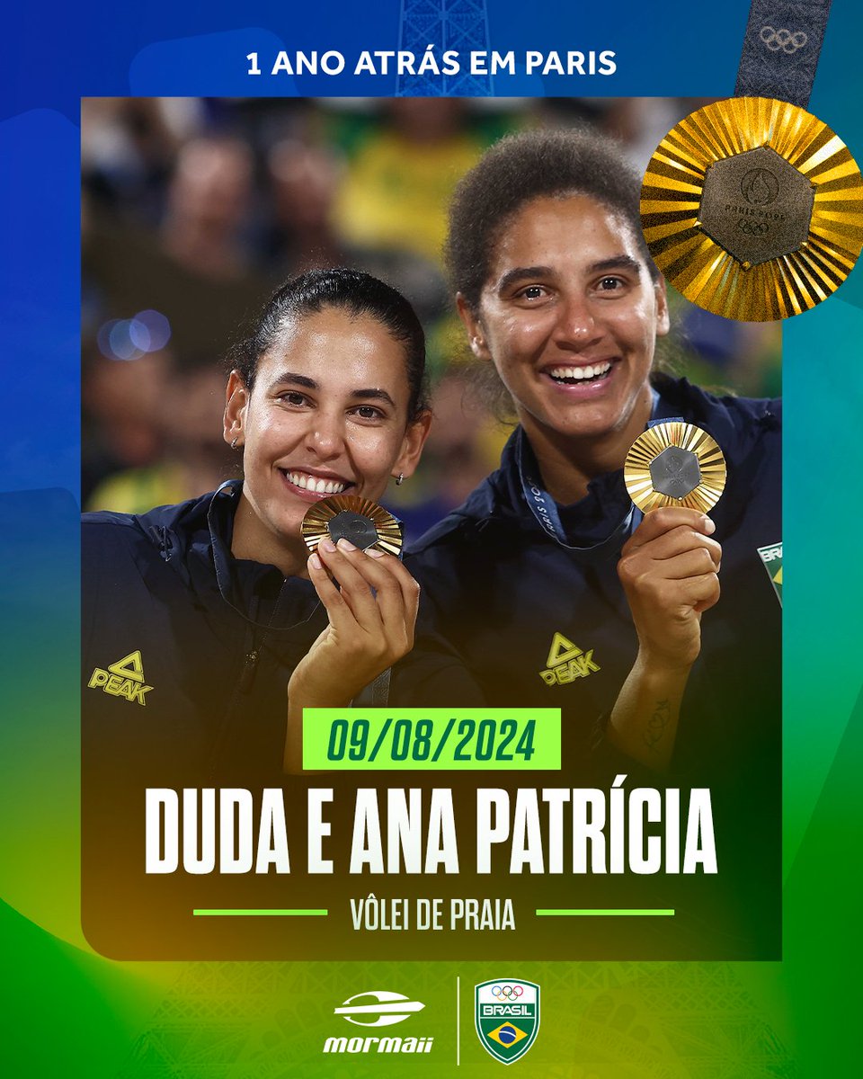 timebrasil's tweet photo. Há um ano, Duda e Ana Patrícia brilhavam na areia de Paris e conquistavam o ouro olímpico no vôlei de praia. 🏐🥇
Com sintonia, potência e determinação, elas dominaram a competição e colocaram o Brasil novamente no topo do pódio. 🇧🇷☀️🏖️
#TimeBrasil #VôleiDePraia #Mormaii https://t.co/C1zoHRywcW