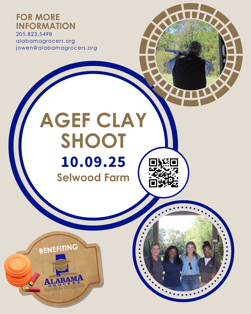 Alabama Grocers Assn (@alabamagrocers) on Twitter photo Mark your calendars! The 2025 AGEF Clay Shoot is just two months away—happening October 9 at Selwood Farms! Join us for a great day of networking, fun, and friendly competition, all while supporting the AGEF. Don’t forget to register—spots fill up fast! Mark your calendars! The 2025 AGEF Clay Shoot is just two months away—happening October 9 at Selwood Farms! Join us for a great day of networking, fun, and friendly competition, all while supporting the AGEF. Don’t forget to register—spots fill up fast!