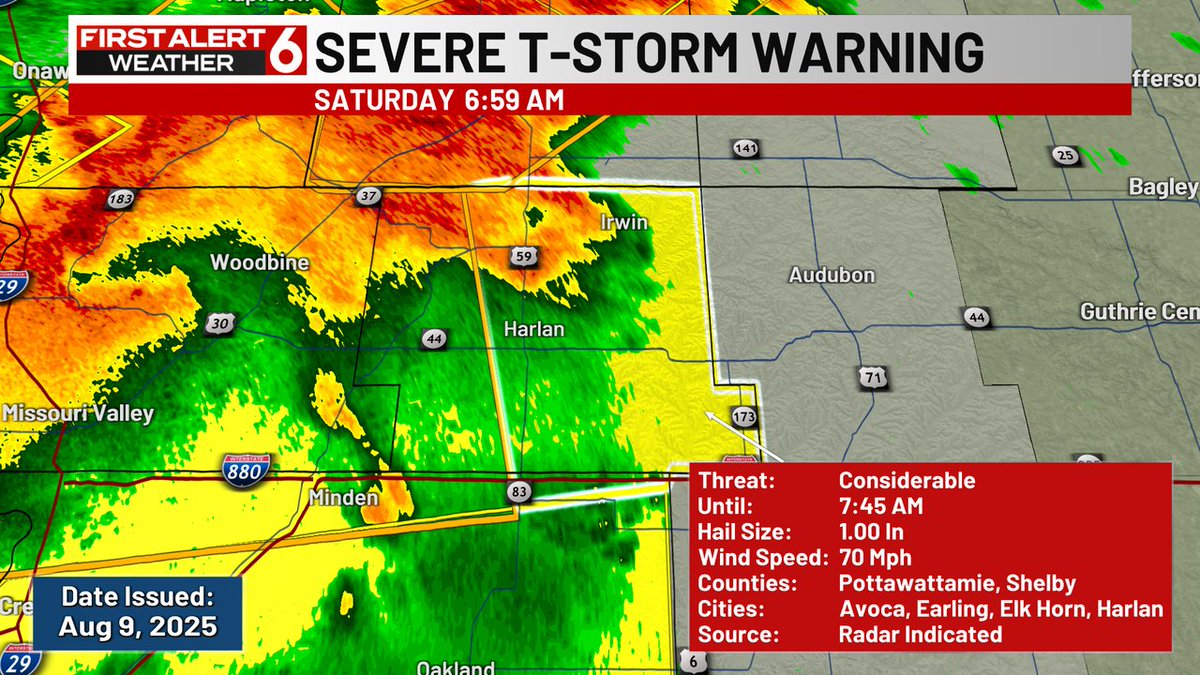 FIRST ALERT: A Severe Thunderstorm Warning for damaging hail or high wind is currently in effect for Shelby, Pottawattamie until Aug 09 7:45AM. Check the First Alert 6 Weather App and First Alert 6 on air for more information.