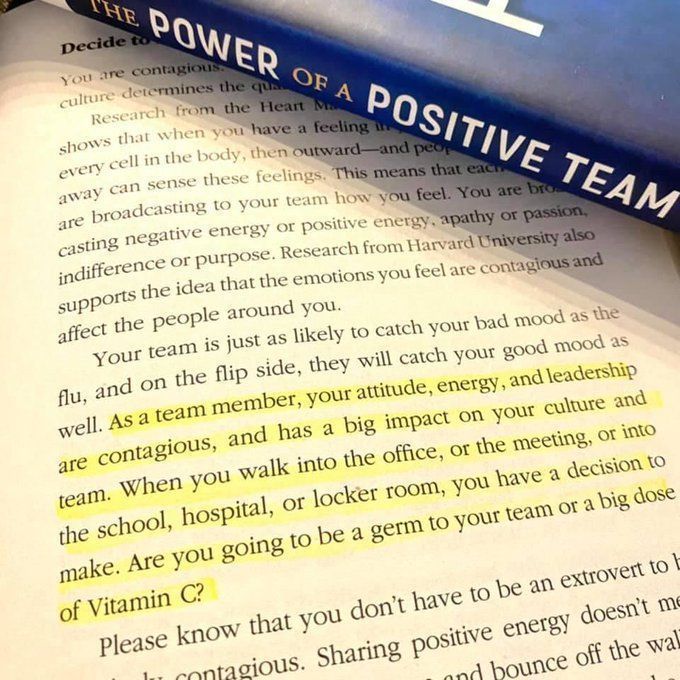 Coach the Coaches (@winningcoaches) on Twitter photo Your attitude, energy and leadership are contagious. Don’t be a germ. Decide to be Vitamin C today!
📖 pg 21 from Jon Gordon's  “The Power of a Positive Team” Your attitude, energy and leadership are contagious. Don’t be a germ. Decide to be Vitamin C today!
📖 pg 21 from Jon Gordon's  “The Power of a Positive Team”