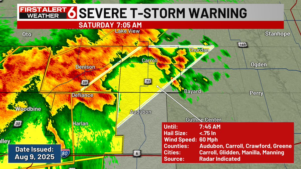 FIRST ALERT: A Severe Thunderstorm Warning is currently in effect for Carroll, Crawford, Greene, Audubon counties until Aug 09 7:45AM. Check the First Alert 6 Weather App and First Alert 6 on air for more information.