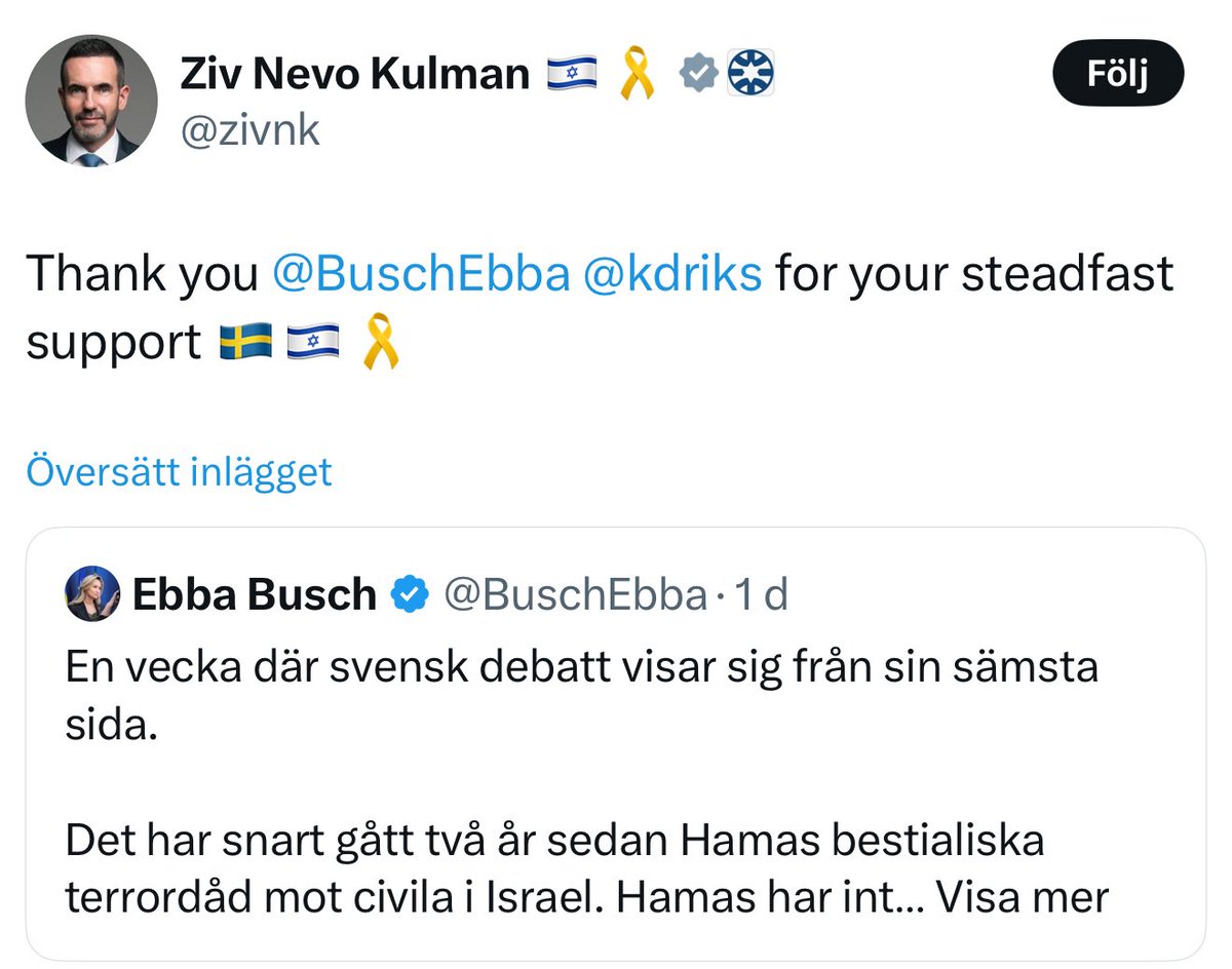 Israels Sverigeambassadör som representerar en regering efterlyst för brott mot mänskligheten tackar Sveriges vice statsminister för stödet.
En skammens dag för vårt land.