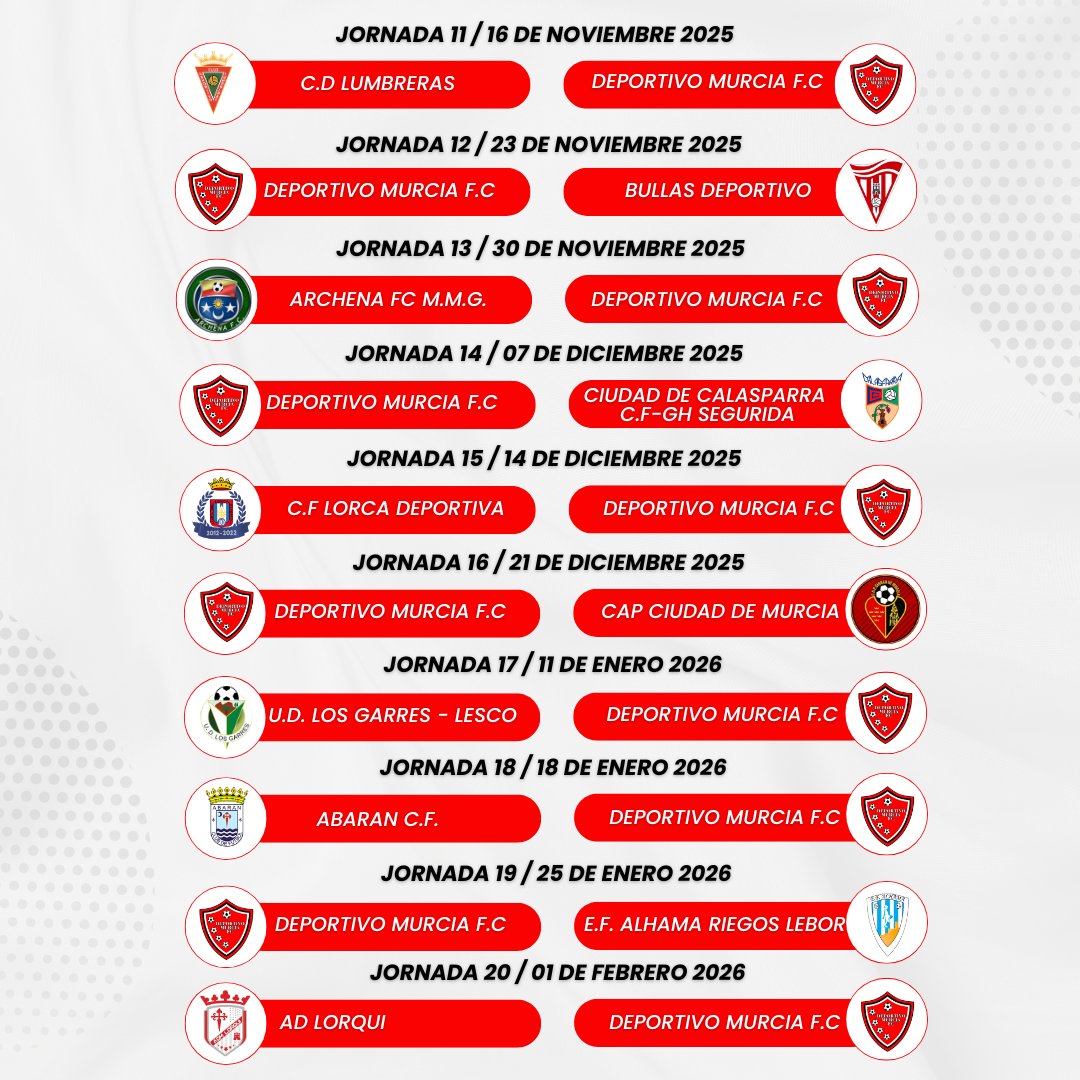 DeporMurciaFC's tweet photo. 🗓️⚽ | ¡Nuestro CALENDARIO de PREFERENTE AUTONÓMICA ✅!
#preferente #ffrm #temporada2526 #deportivomurcia #ceuti
@Nacional10x @treceraG13 https://t.co/x0GNvkvgH1