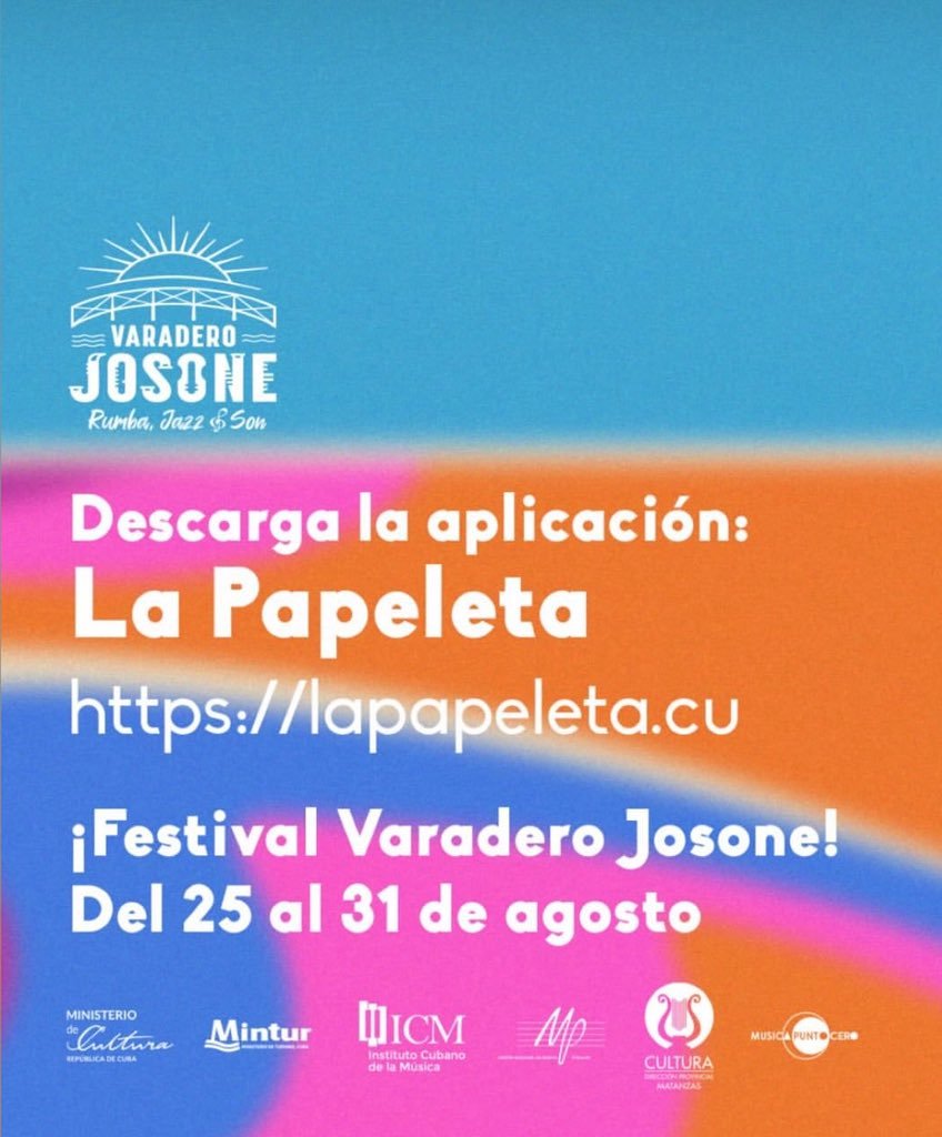 Ministerio Turismo (@minturcuba) on Twitter photo 🚨 ¿Listo para disfrutar en <a href="/varadero_josone/">Festival de Música Varadero Josone</a>? Las entradas digitales ya están disponibles en La Papeleta. Descárgala y compra tus boletos desde la app: lapapeleta.cu/download/ ¡Vamos que esto va a estar genial! 🎟️🤩
#Varadero #VaraderoJosone #Musica #Cuba #CubaUnica #CubaTravel 🚨 ¿Listo para disfrutar en <a href="/varadero_josone/">Festival de Música Varadero Josone</a>? Las entradas digitales ya están disponibles en La Papeleta. Descárgala y compra tus boletos desde la app: lapapeleta.cu/download/ ¡Vamos que esto va a estar genial! 🎟️🤩
#Varadero #VaraderoJosone #Musica #Cuba #CubaUnica #CubaTravel