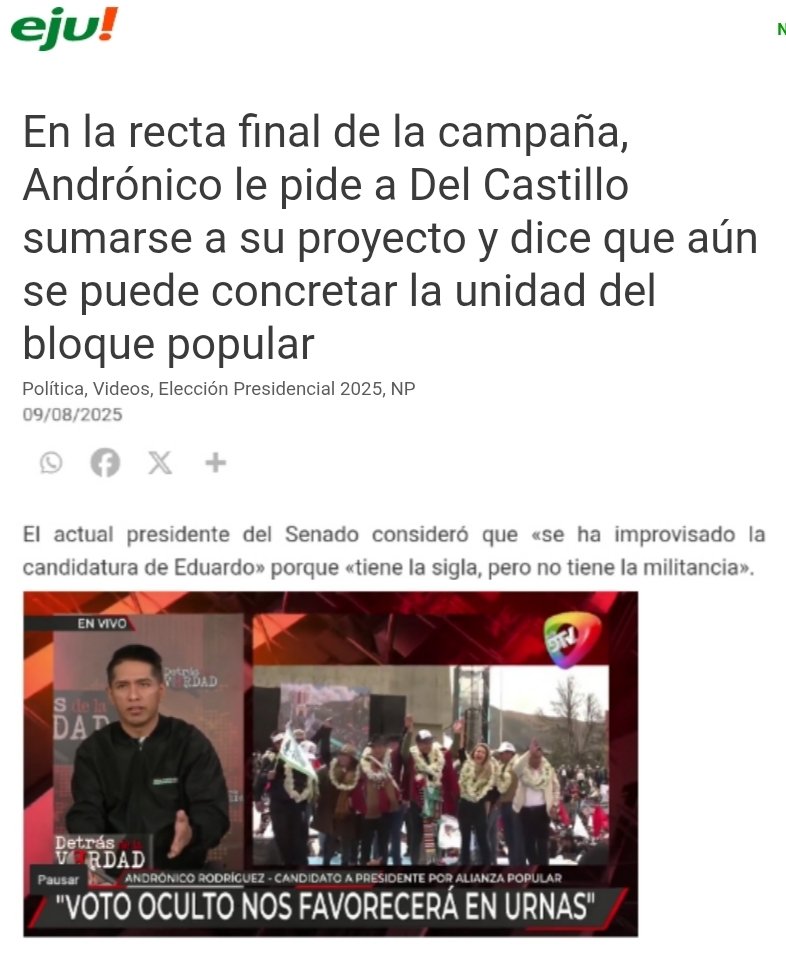 <a href="/AndronicoRod/">Andrónico Rodríguez</a> le pide a <a href="/EDelCastilloDC/">Carlos Eduardo Del Castillo Del Carpio</a>, la persona responsable de la represión policial los últimos 5 años, la persona que desapareció centenares de personas en Parotani, Mairana y el tropico de Cochabamba, que se sume a su proyecto.
Queda claro de que lado está Andronico.