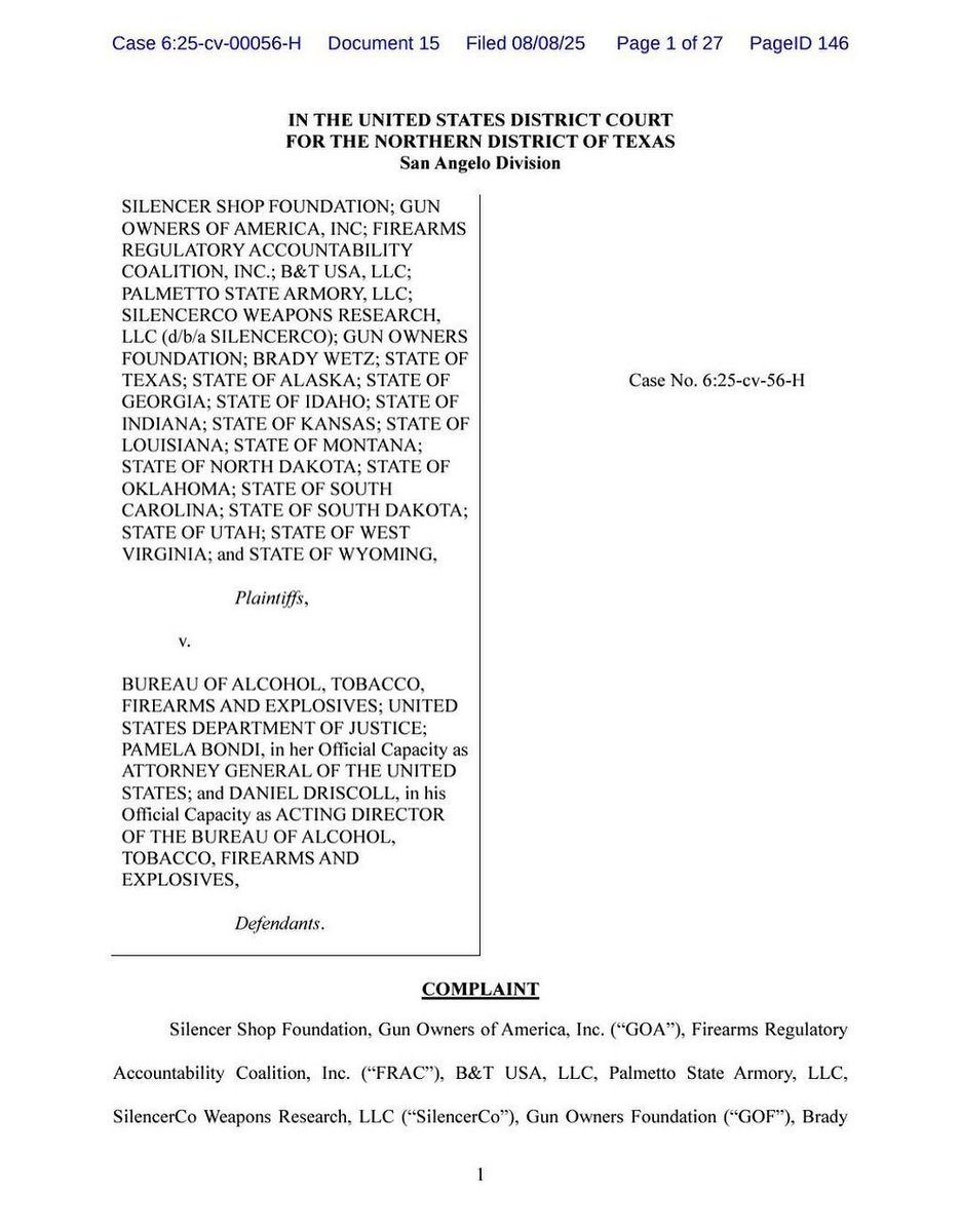 There we go!
Reinforcements have arrived—Texas and 14 other States have joined FRAC’s lawsuit to strike down NFA registration of untaxed firearms!
@silencershop @gunownersofamerica <a href="/btusallc/">B&T USA</a> @palmettostatearmoryofficial <a href="/silencerco/">SilencerCo</a> 
STATE OF TEXAS; STATE OF ALASKA; STATE OF