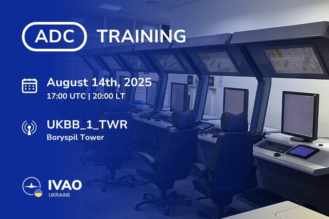 On Thursday, August 14th, at 1700 UTC (2000 LT), an ADC training will be held at Kyiv Boryspil Airport. We kindly ask you to support us with competent IFR/VFR traffic. #IVAO #Ukraine #Training