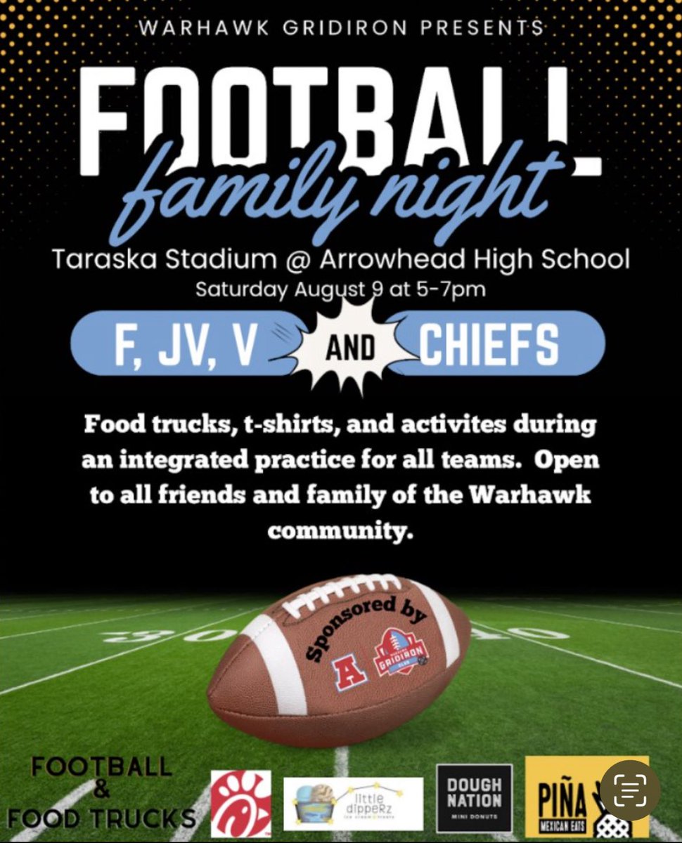 Looking for something fun to do tonight? Stop by Arrowhead Football’s Family Night for fun games, food trucks, giveaways, meet the team and more!

#WeAre 🅰️