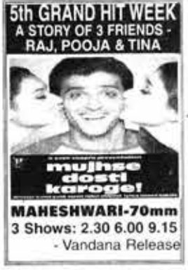 MoviesUpdatez's tweet image. #23YearsOfMujhseDostiKaroge   

Hyderabad, Maheshwari70 35 Days Run.  

Replaced With #Mohabbat

@iHrithik #KareenaKapoor #RaniMukherji @dop007
@yrf

A Film by @kunalkohli #MujhseDostiKaroge
