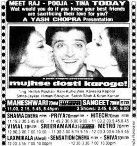 MoviesUpdatez's tweet image. #23YearsOfMujhseDostiKaroge   

Hyderabad, Maheshwari70 35 Days Run.  

Replaced With #Mohabbat

@iHrithik #KareenaKapoor #RaniMukherji @dop007
@yrf

A Film by @kunalkohli #MujhseDostiKaroge