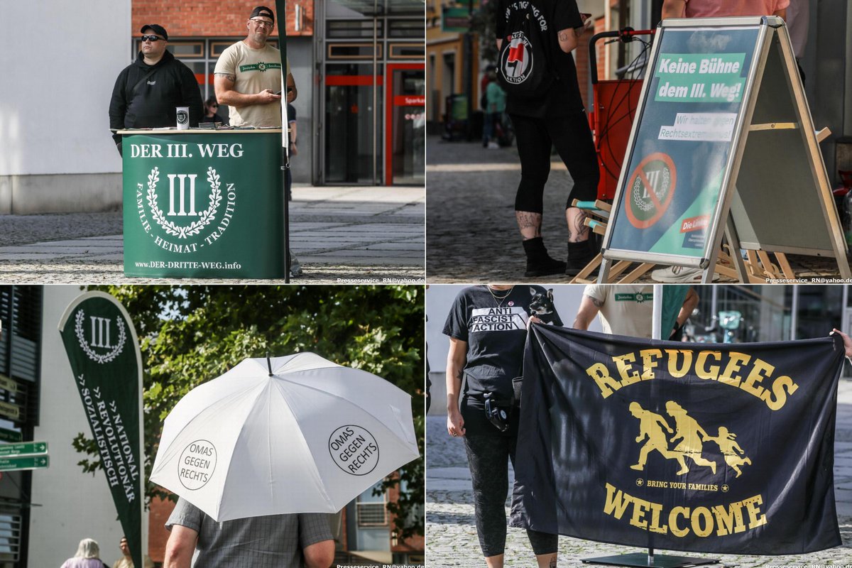 In #Senftenberg wurde heute gegen den III. Weg protestiert. Anlass war ein Infostand der Neonazipartei.
Den insgesamt 6 Neonazis aus #Berlin und #Brandenburg standen etwa 30 Angehörige der lokalen Zivilgesellschaft gegenüber.
Fotos:  flickr.com/photos/presses…