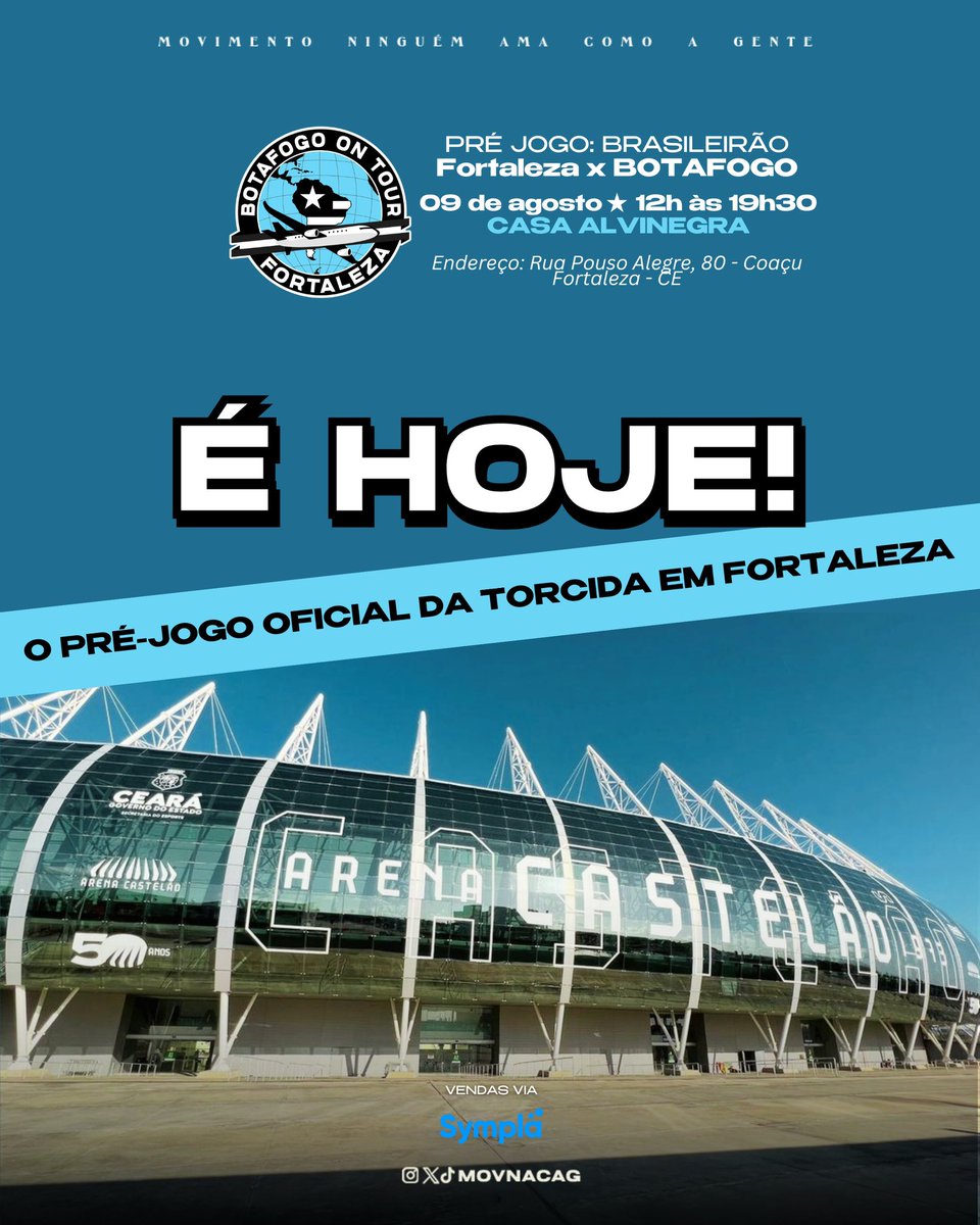 É DIA DE BOTAFOGO EM FORTALEZA! 🔥

Partiu Botafogo on Tour em Fortaleza? Confira as informações da concentração da torcida alvinegra hoje antes de Botafogo x Fortaleza no Castelão! 👇🏻

🍖🍻 Venda de espetos, prato refeição e Heineken/Brahma Duplo Malte no local. 

🥁 Pagode