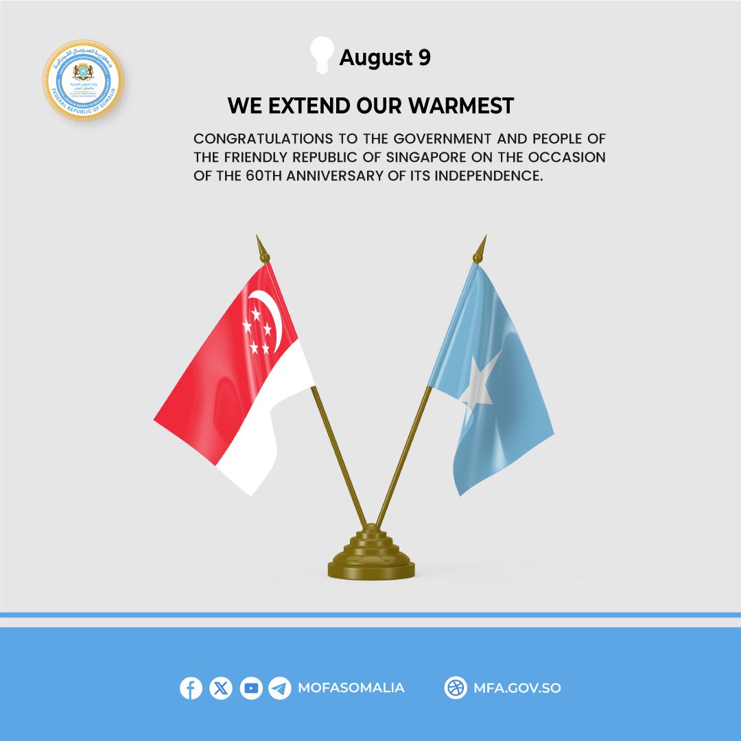 We extend our warmest congratulations to the Government and people of the friendly Republic of #Singapore on the occasion of the 60th anniversary of its independence.
🔗➡t.me/MofaSomalia/57…
#Somalia #Somali #SG60