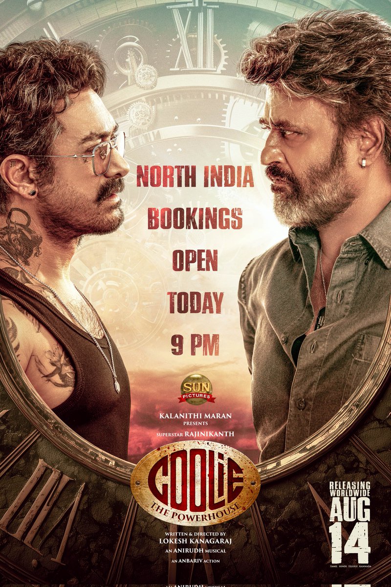 Sun Pictures (@sunpictures) on Twitter photo #CoolieThePowerHouse bookings open across North India today, 9 PM onwards 🍿🤩
#CoolieThePowerHouse is releasing worldwide August 14th
<a href="/rajinikanth/">Rajinikanth</a> <a href="/Dir_Lokesh/">Lokesh Kanagaraj</a> <a href="/anirudhofficial/">Anirudh Ravichander</a> #AamirKhan <a href="/iamnagarjuna/">Nagarjuna Akkineni</a> <a href="/nimmaupendra/">Upendra</a> #SathyaRaj #SoubinShahir <a href="/shrutihaasan/">shruti haasan</a> <a href="/hegdepooja/">Pooja Hegde</a> <a href="/anbariv/">AnbAriv</a> #CoolieThePowerHouse bookings open across North India today, 9 PM onwards 🍿🤩
#CoolieThePowerHouse is releasing worldwide August 14th
<a href="/rajinikanth/">Rajinikanth</a> <a href="/Dir_Lokesh/">Lokesh Kanagaraj</a> <a href="/anirudhofficial/">Anirudh Ravichander</a> #AamirKhan <a href="/iamnagarjuna/">Nagarjuna Akkineni</a> <a href="/nimmaupendra/">Upendra</a> #SathyaRaj #SoubinShahir <a href="/shrutihaasan/">shruti haasan</a> <a href="/hegdepooja/">Pooja Hegde</a> <a href="/anbariv/">AnbAriv</a>
